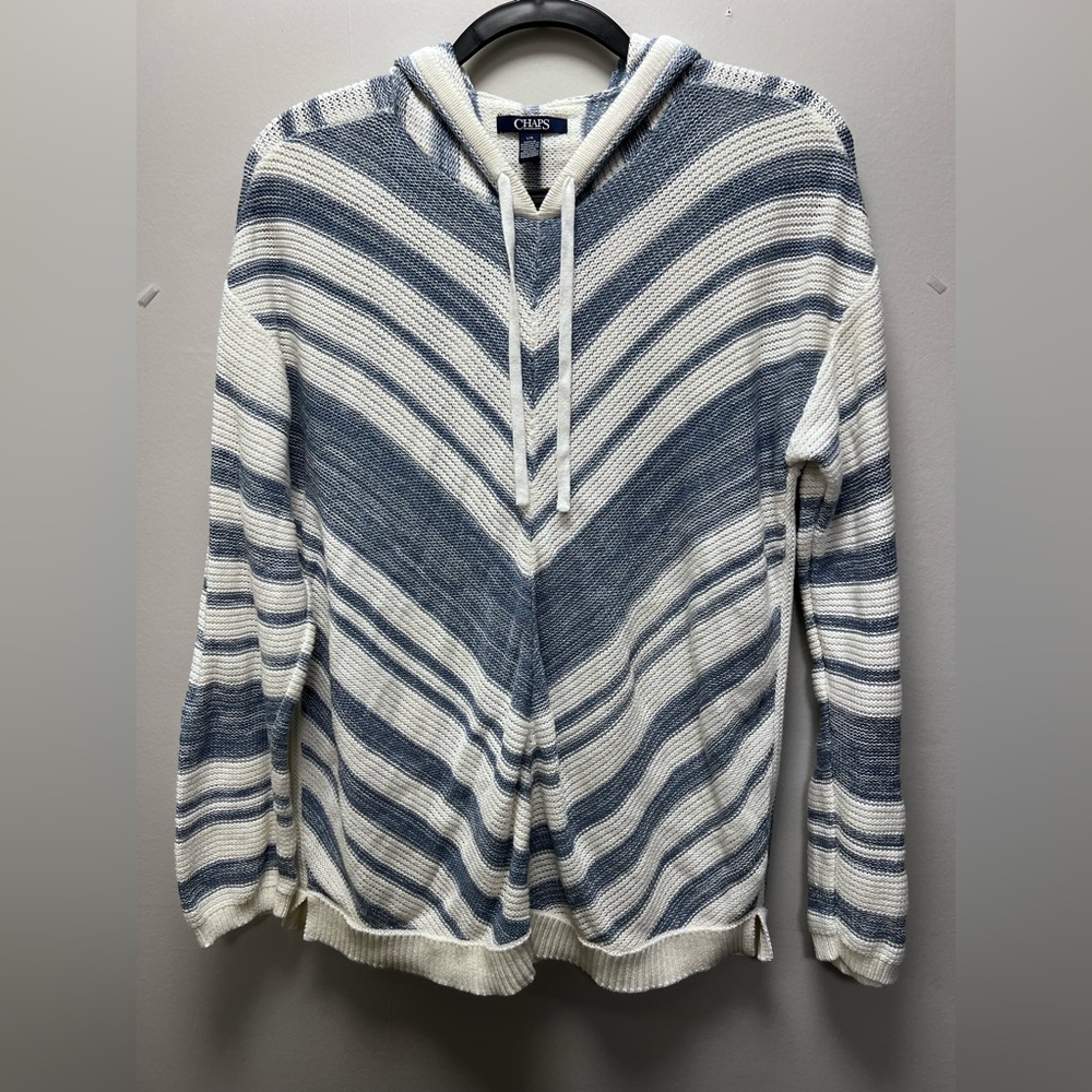 Chaps Knitted Woven Sweater Hoodie Blue White Large Nautical Chambray Stripes